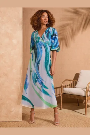 Love & Roses Printed V-Neck Puff Sleeve Midi Dress40