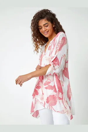 Roman Palm Print Wrap Hem Longline Shirt38