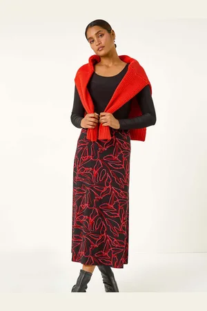 Roman Leaf Print Stretch A-Line Midi Skirt40