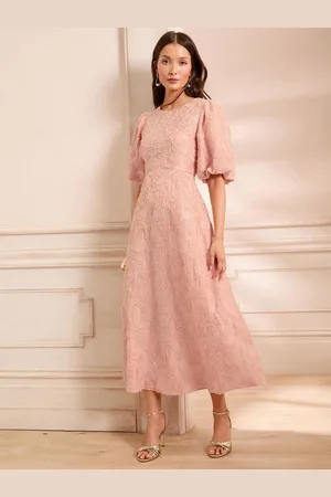 Love & Roses Textured Puff Sleeve Crew Neck Midi Dress48