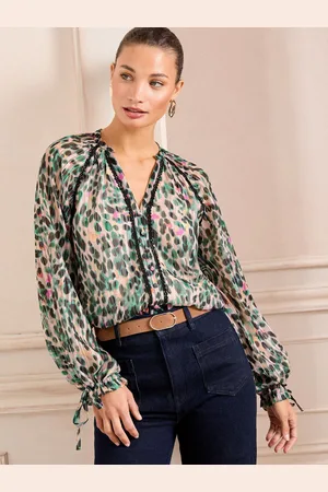 Love & Roses Trykt notch hals poet ærme slips manchet bluse40