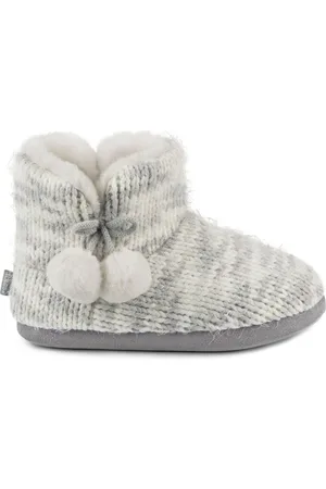 Totes Ladies Knitted Boot Slippers with Pom Pom