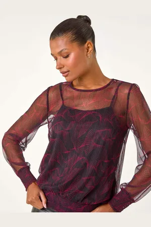 Roman Abstract Print Plisse Shirred Hem Top40