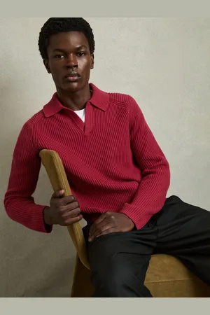 Reiss Kingston Rib Knit Open Collar Polo ShirtM