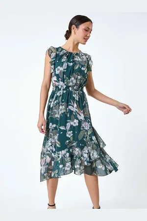 Roman Floral Print Frill Shirred Midi Dress48
