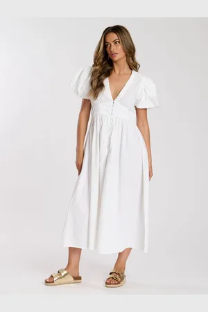 South Beach Puff Sleeve Button Detail 100% Cotton Midi Dress40