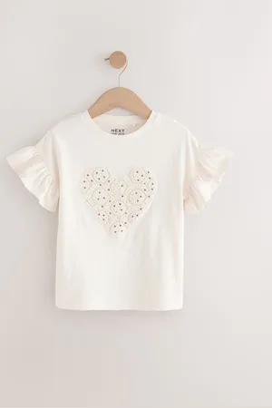 Next 100% Cotton Sequin Crochet Heart Frill Sleeve T-Shirt (3-16yrs)10 år (140cm)