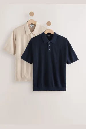 Next Regular Fit Cotton Rich Short Sleeve Textured Knit Polo Shirt 2 PackX-Small
