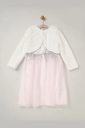 MISS Pailletter Waterfall Kjole Med Faux Fur Bolero Outfit Sæt4 - 5 år (104 - 110cm)
