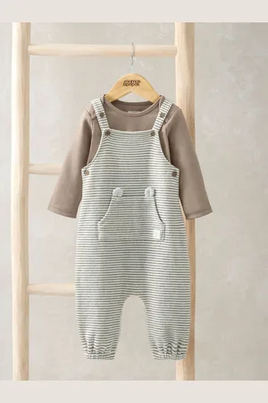 Mamas & Papas Stripe 100% Cotton Brown Dungaree & Bodysuit Set7480cm