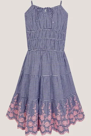 Monsoon Embroidered Gingham 100% Cotton Sun Dress158164cm