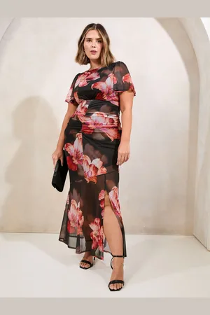 Lipsy London Floral Print Mesh Short Sleeve Ruched Underbust Fit and Flare Midi Dress46