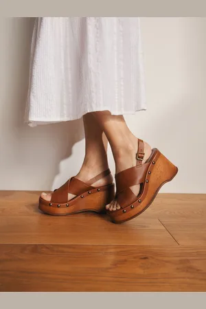 Next Signature Premium Leather Cross-Over Stud Detail Slingback Platform Clog Wedgeseu375
