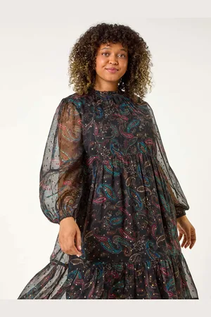 Roman Curve Metallic Print High Neck Swing Dress48