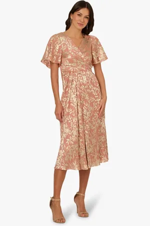 Adrianna Papell Pink Foil Leaf Draped Midi Dress50