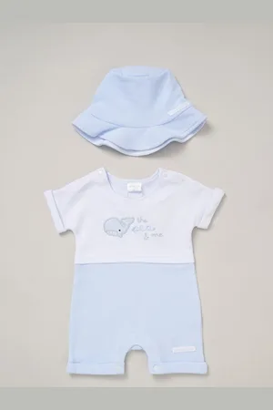 Rock-a-bye Baby Boutique Blue 100% Cotton Printed Romper and Reversible Hat Outfit Set7480cm