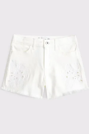 Abercrombie & Fitch Cream High Rise Relaxed Denim Shorts With Floral Print Cut Out Detail17år
