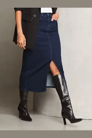 Lipsy London Højtaljet midinederdel i denim med slids foran44