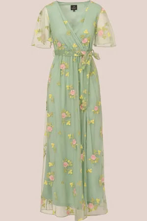 Adrianna Papell Green Embroidered Maxi DressL