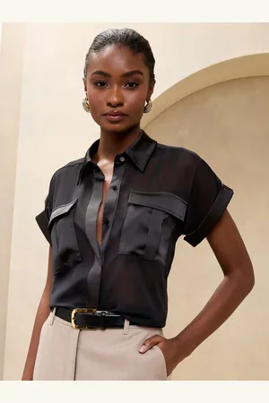 Lipsy London Sheer Satin Chiffon Pocket Shirt/ Gold Sheer Satin Chiffon Pocket Shirt44