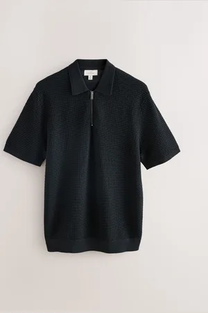 Next Regular Fit Signature 100% Merino Textured Short Sleeve Quarter Zip Knit Polo Shirtmedium