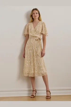 Ralph Lauren Cream Filsee Tryk Med bælte Midi Kjole