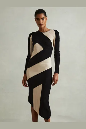 Reiss Jem Knitted Colourblock Asymmetric Midi DressL