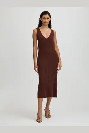 Paige Ribbed Bodycon Midi Brown DressL