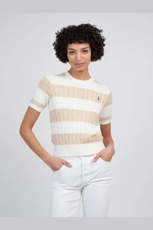 U.S. Polo Assn. U. S. Polo Assn Womens Stripe Loose Cable Knit Short Sleeve 100% Cotton Jumperxsmall