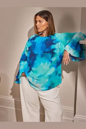 Live Unlimited London Curve Blue Floral Printed Frill Blouse48
