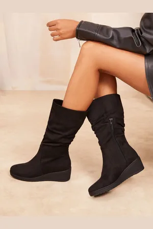 Friends Like These Wedge Heel Ruched Faux Suede Calf Boots