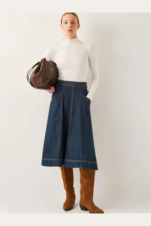 Monsoon Harper-syet Denim 100% Bomuld Midi NederdeleSmall