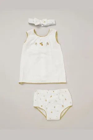Rock-a-bye Baby Boutique Printed 100% Cotton White Dress, Knickers and Headband Outfit Set6874cm