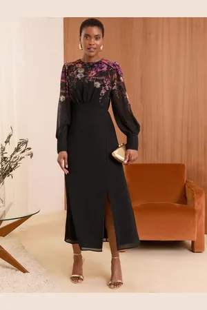 Love & Roses Placement Floral Printed Long Sleeve Midi Dress40