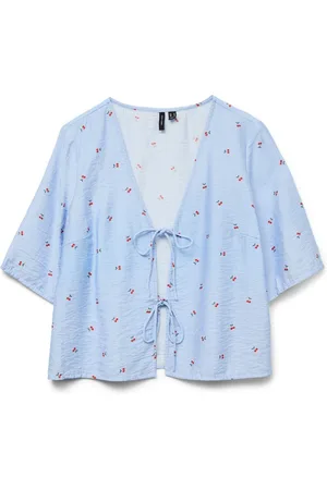 VERO MODA Cherry Print Tie Front Blue BlouseXS 6