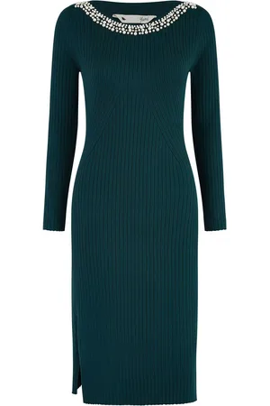Yumi Pearl Neckline Fitted Midi Knitted DressL