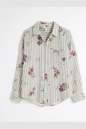 River Island Floral Print Stripe Embroidered 100% Cotton Shirt44