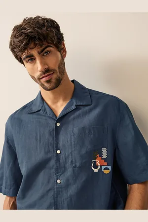 Next Short Sleeve Linen Blend Embroidered Shirt With Cuban CollarXL