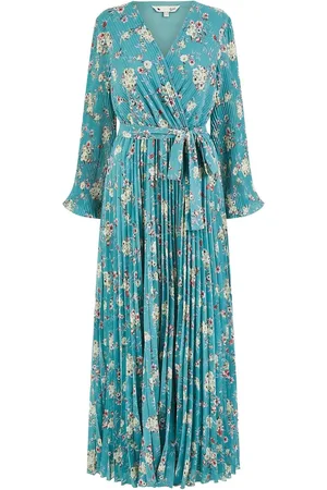 Yumi Floral Print Pleated Long Sleeve Wrap Over Midi Dress44