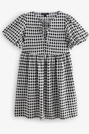 Next Textured Jersey Puff Sleeves Tie Front Detail Mini Dress44 Høj