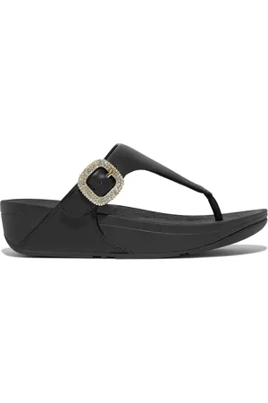 FitFlop Lulu Crystal-Buckle Leather Toe-Post Black Sandals