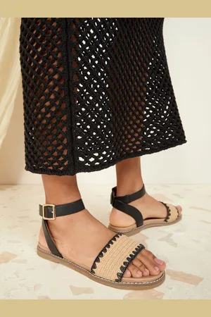 Friends Like These Natural Raffia Comfort Faux Leather Strap Flat Sandals