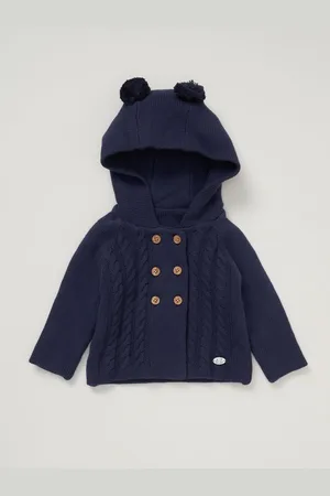 Rock-a-bye Baby Boutique Blue 100% Cotton Double Knit Hooded Cardigan with PomsOp til 3 måneder (50 - 62cm)