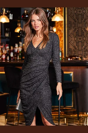 Sosandar Metallisk V-hals Ruched Bodycon Kjole46