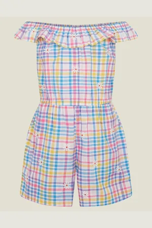 Accessorize Floral Embroidered Check Bardot Girls Playsuit122128cm