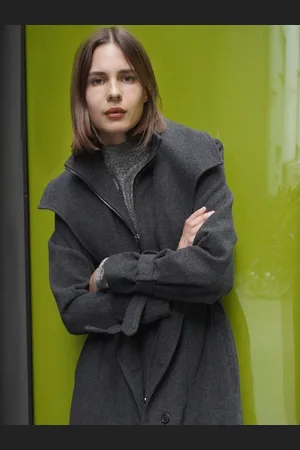 Religion Limit Wool Mix Belted Coat With Zip up Funnel Collar and Draped Second Layer44
