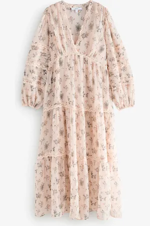 Next Long Sleeve V-Neck Tiered Sheer Lace Midi Dress44