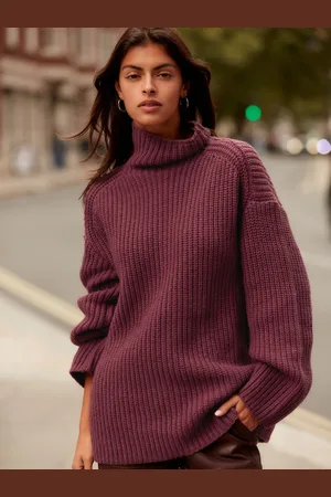 Next Roll High Neck Ribbed Longline Knitted Jumper with WoolS Reg