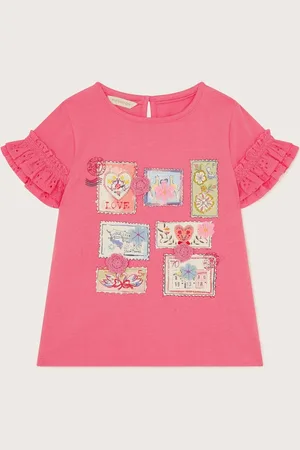 Monsoon Stamp Print Ruffle 100% Cotton T-Shirt146152cm