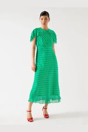 LK Bennett Ellen Jelly Bean & Birch Viscose Polka Dot Print Frill Collar Dress